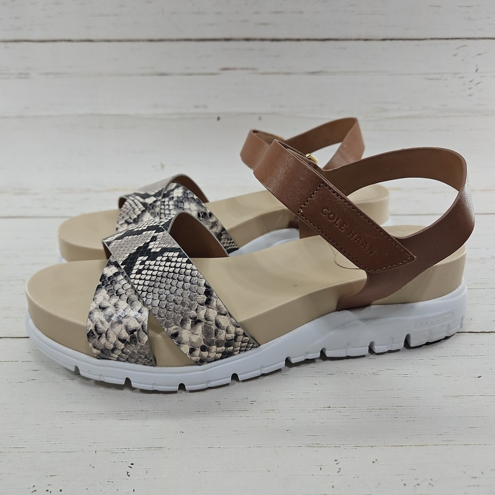 Cole Haan Zerogrand Sandals Womens 9 B Brown Tan Leather Soho‎ Snake Platform